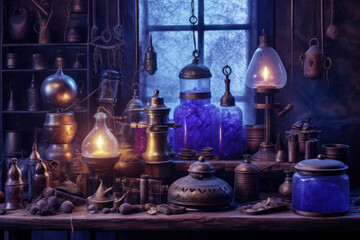 Fototapeta na wymiar Mysterious ancient laboratory interior with collection of magic, unusual and exotic oil lamps, ai tools generated image