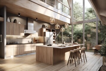 Fototapeta premium Beautiful large mid century modern interior with open floor plan wood paneling light fixtures and large windows made with Generative Ai