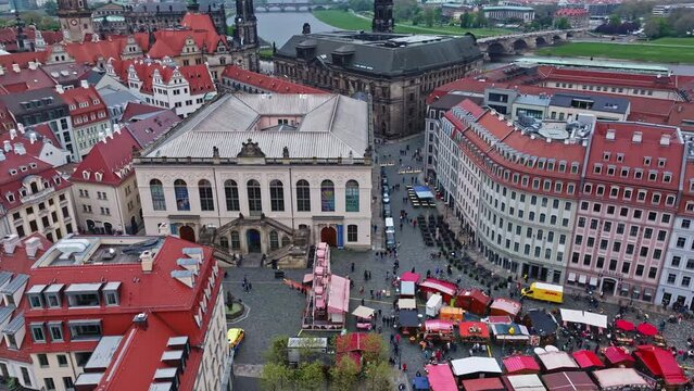 Drone shot of Dresden Transport Museum ( Verkehrsmuseum ) . The museum is housed in the Johanneum at the Neumarkt in Dresden , Germany .