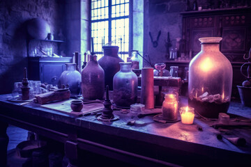Obraz na płótnie Canvas Mysterious ancient laboratory interior with collection of magic, unusual and exotic oil lamps, ai tools generated image
