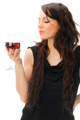 cute and young brunette in a black dress with a glass of  italian red wine