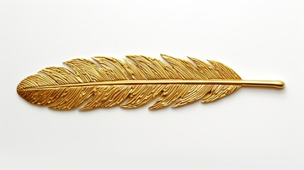  a golden feather broochle on a white background with clippings to the side of the broochle, with a white background.  generative ai