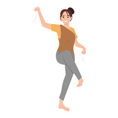 Young woman wearing traditional clothing dancing indian dance. Flat vector illustration isolated on white background