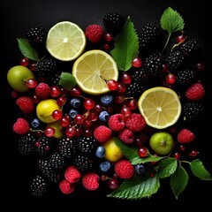 Berries colorful assorted mix of berry with currant ,lemon and kiwi, blueberry,AI generated.