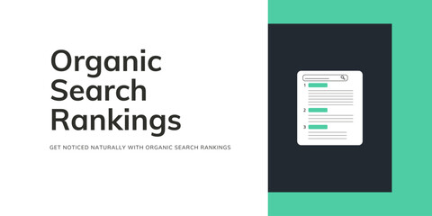 Organic Search Rankings Banner on White and Green Background. Stylish SEO Banner with Black Text and Icon for Business and Marketing