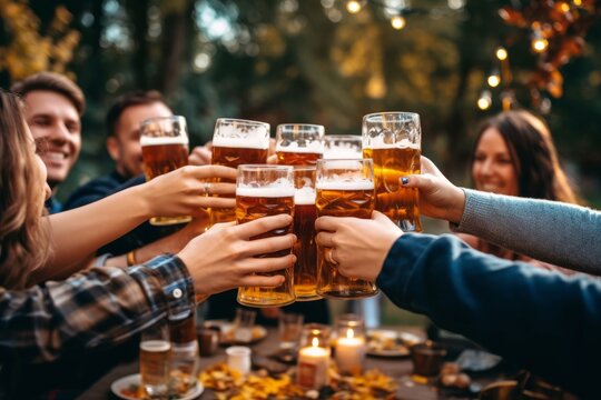 A group of friends clinking their beer mugs together in a toast, with a background of an outdoor beer garden. Generative AI
