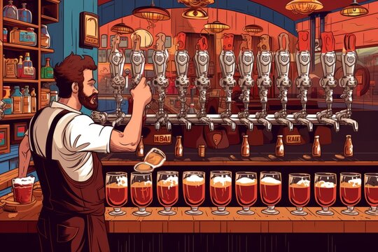Illustration of A bartender pulling a beer tap with a line of beer mugs waiting to be filled, with a focus on the tap and frothing beer. Generative AI