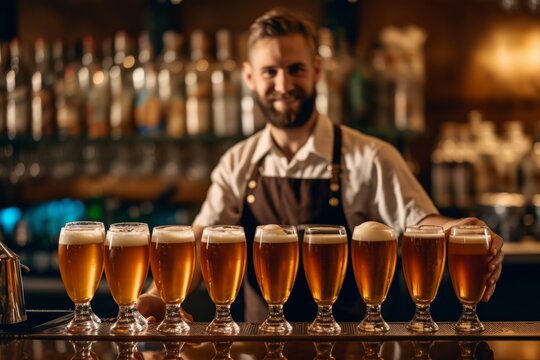 A bartender pulling a beer tap with a line of beer mugs waiting to be filled, with a focus on the tap and frothing beer. Generative AI