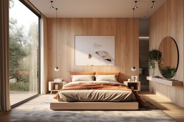 Clean Modern Bedroom Interior with Styled LIving Furniture and Wall Art Made with Generative AI