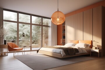 Beautiful Staged Modern Bedroom Interior with King Bed and Orange Accent Chair Made with Generative AI