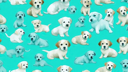  a group of puppies sitting on top of a blue surface with white dogs on it's back and one dog's head.  generative ai
