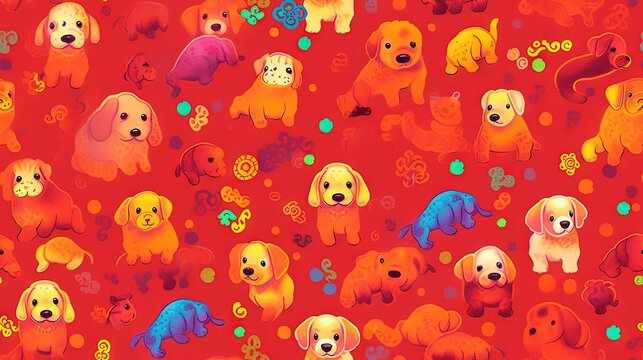  a group of dogs on a red background with circles and flowers in the middle of the image and a dog on the right side of the image.  generative ai