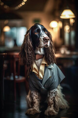 Generative AI illustration of an English cocker spaniel dog sitting at the table of a typical classic English bar drinking
