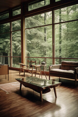 Generative AI illustration of a living-dining room with Nordic-style recycled wood furniture with glass walls overlooking the forest