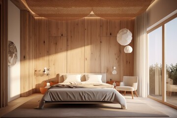 Sustainable Summer Modern Bedroom Interior with Wood Accent Wall and Linen Bed Made with Generative AI
