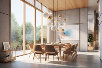 Sunny Spring Clean Dining Room with Designer Light Fixtures and Wall Art Made with Generative AI