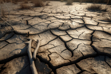 Generative AI illustration of dry swamp with cracked ground due to drought originating from climate change