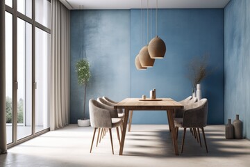 Blue Modern Dining Room Interior with Minimal Furniture and Tall Windows Made with Generative AI