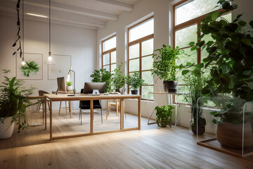 Fototapeta na wymiar Generative AI illustration of Scandinavian office space with natural light with glass walls, wooden floor, and recycled wooden furniture