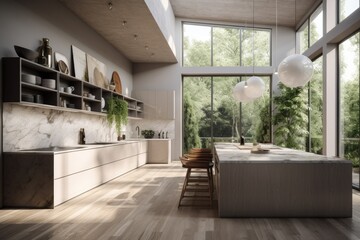 Clean Spring Modern Kitchen with Large Concrete Island and Nature Forest Views Made with Generative AI