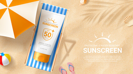 Sunscreen ad banner template. Banner with tube of sunscreen on beach chair on sand with seashells, flip flops, beach umbrella and ball. Vector 3d ad illustration for promotion of summer goods. - obrazy, fototapety, plakaty
