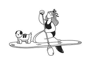 Young woman on stand up paddle board with dog in life vest. Cartoon girl and dog on SUP surfing in the sea. Black and white vector hand-drawn illustrations
