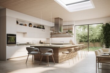 Fototapeta na wymiar Modern Spring Kitchen Interior with Floating Wood Island and White Cabinets Made with Generative AI