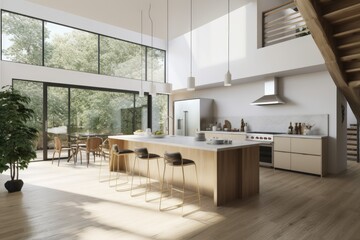 Nature Inspired Kitchen Interior with Stainless Appliances and Organic Wood Accents Made with Generative AI