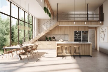 Modern Styled Kitchen Interior with Second Floor Loft with Spring Views Made with Generative AI