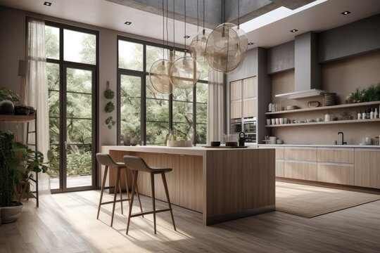 Luxury Natural Modern Kitchen Interior with Waterfall Island and Modern Windows Made with Generative AI