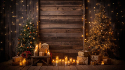 Obraz premium Christmas background. Christmas composition on a wooden background. Christmas house with tree and wooden surface with bokeh lights. Free space for text, Copyspace. Generative AI