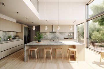 Natural Light Modern Kitchen with Modern Windows and Nature Views Made with Generative AI