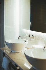 Lisbon; vertical; Modern bathroom ceramic basin sink, countertop white cloakroom ceramic basin for bathroom, white ceramic squared tiles, illuminated mirror