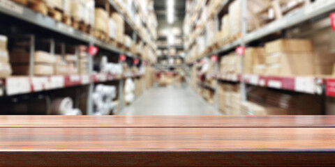 Empty wooden table, blur storage warehouse shelves background. .