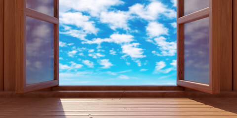 Empty wooden table, blue sky and clouds view out of open window.