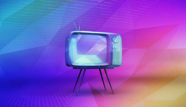 Vintage TV Set, In A Colorful Modern Aesthetic Background. A Television Show Concept 3D Illustration, With Pixels And Geometric Graphic Elements.