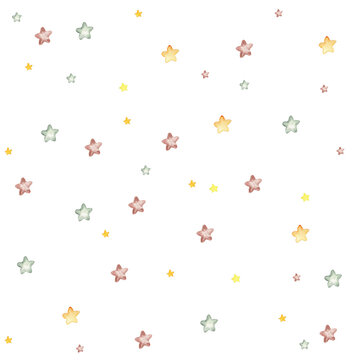 Watercolor hand painted stars seamless pattern. Illustration isolated on white background. Design for fabric, baby shower party, birthday, cake, holiday design, greetings card, invitation.