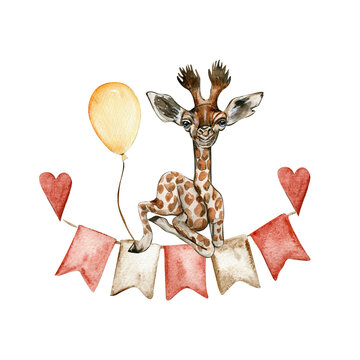 Watercolor hand painted cute giraffe with ballons. Illustration isolated on white background. Design for baby shower party, birthday, cake, holiday design, greetings card, invitation.