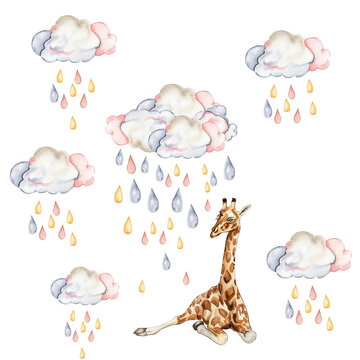 Watercolor hand painted clowds with drops and giraffe seamless pattern. Illustration isolated on white background. Design for fabric, baby shower party, birthday, cake, holiday design, invitation.