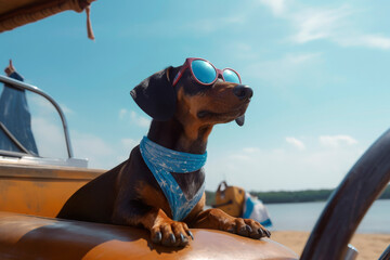 Generative AI illustration of Dachshund dog wearing sunglasses, on vacation sitting in a hammock