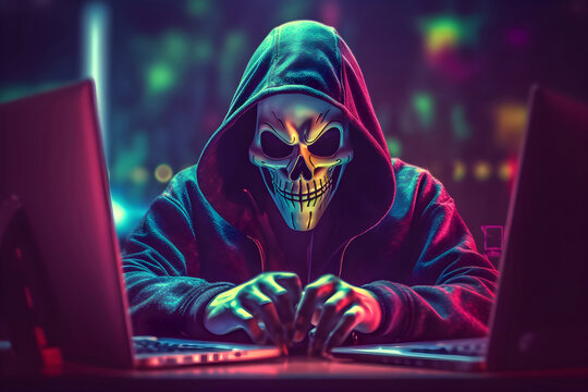 Anonymous robot hacker with skull mask typing computer laptop. Concept of hacking cybersecurity, cybercrime, cyberattack, etc.
