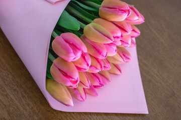 Pink tulips close up bouquet