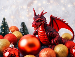 A figure of a red Chinese dragon on Christmas tree balloons. Created by AI.