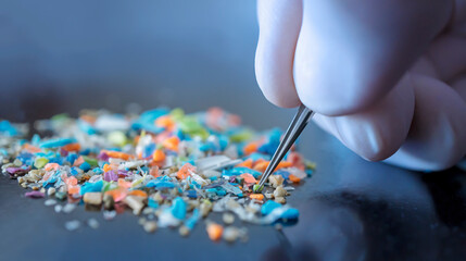 Macro shot of a person with medical gloves and tweezers inspecting a pile of micro plastics. Concept of water pollution and global warming. Cool blue filter applied. - obrazy, fototapety, plakaty