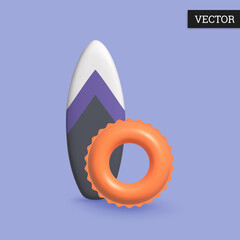 Surfboard and  Inflatable ring 3d icons in cartoon style. Surfboard, ring inflatable for pool and sea isolated on violet background. Design elements for extreme sport and vacation. Vector illustration