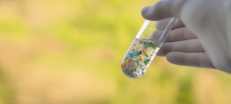 A Scientist With Medical Gloves Holding A Test Tube Full Of Micro Plastics Collected From The Beach. Concept Of Water Pollution And Global Warming.