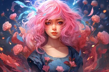Pink-haired Anime Princess A Colorful Portrait Painting Generative AI