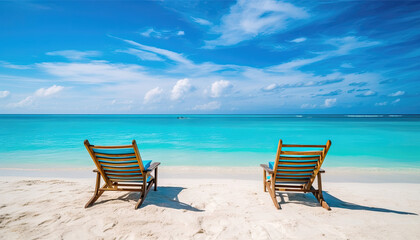 Fototapeta na wymiar Summer landscape of a sunchair in an amazing ocean beach resort.