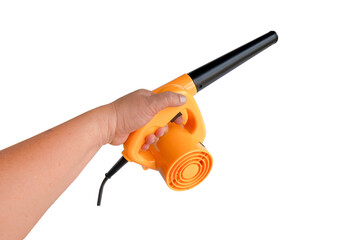 Hand hold Yellow blower tool isolated on white background ,clipping path.