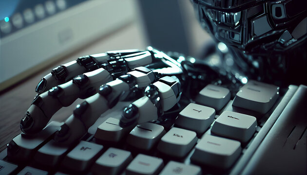 Humanoid robot hands typing on a computer keyboard. Ai generated image